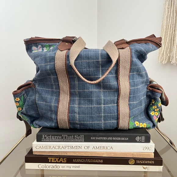 Free People Handbags - Free People Embroidered Blue Checkered Denim Women's Bag